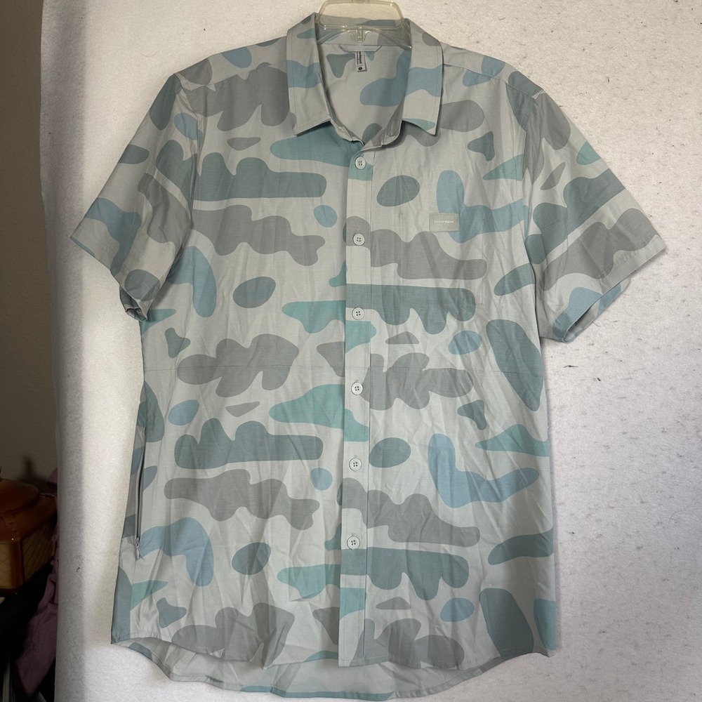 Bearded Goat Mens XL Short Sleeve Button Down Shirt Abstract Camo Grey Blue